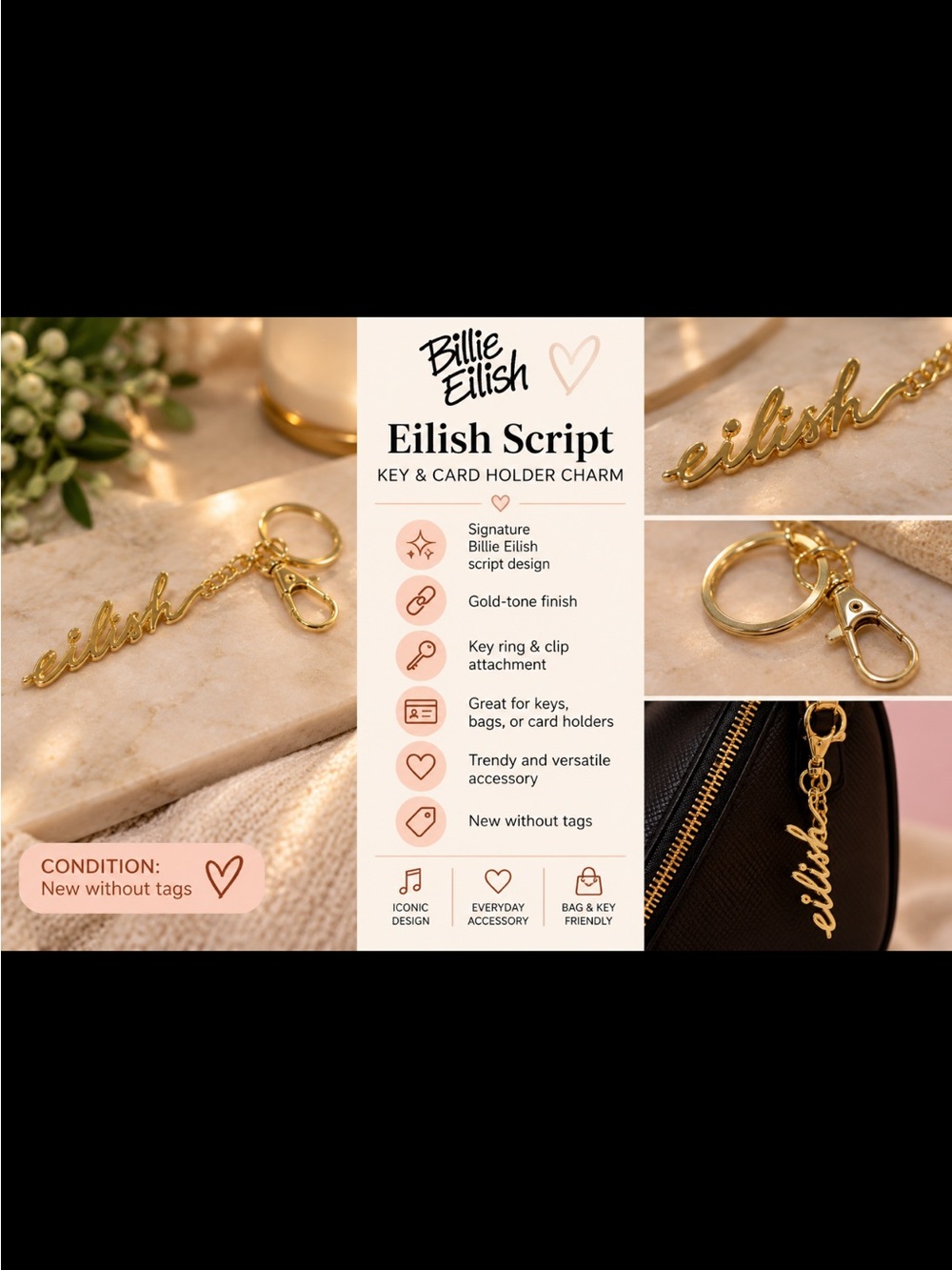 Billie Eilish Gold Script Logo Keychain Bag Charm Key Ring New - Picture 2 of 3